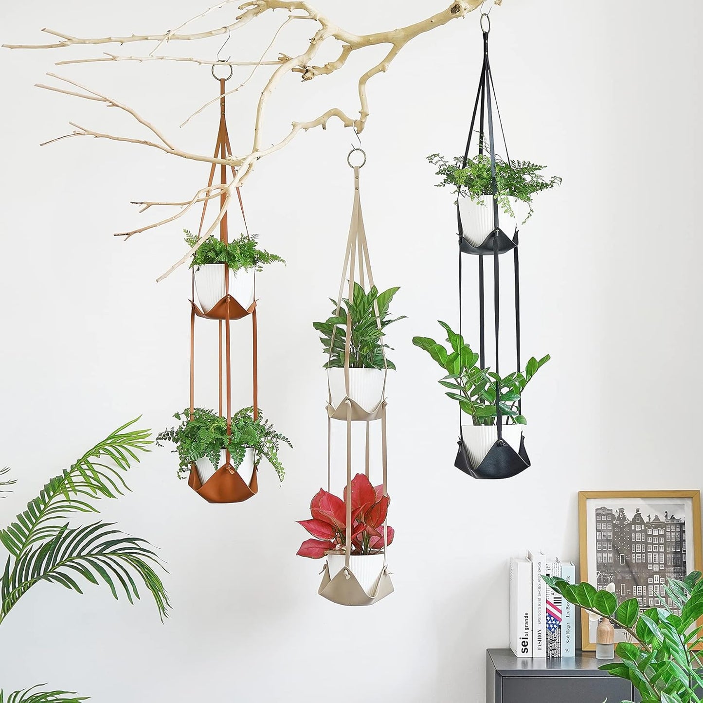 Leather Plant Hanger with Pot Included - Hanging Planters Basket with Plastic Planter 6'' (1 Adjustable Plant Hangers and 2 Pots) Hanging Plant Holder for Home Decor 42'',Black ExactoMag 