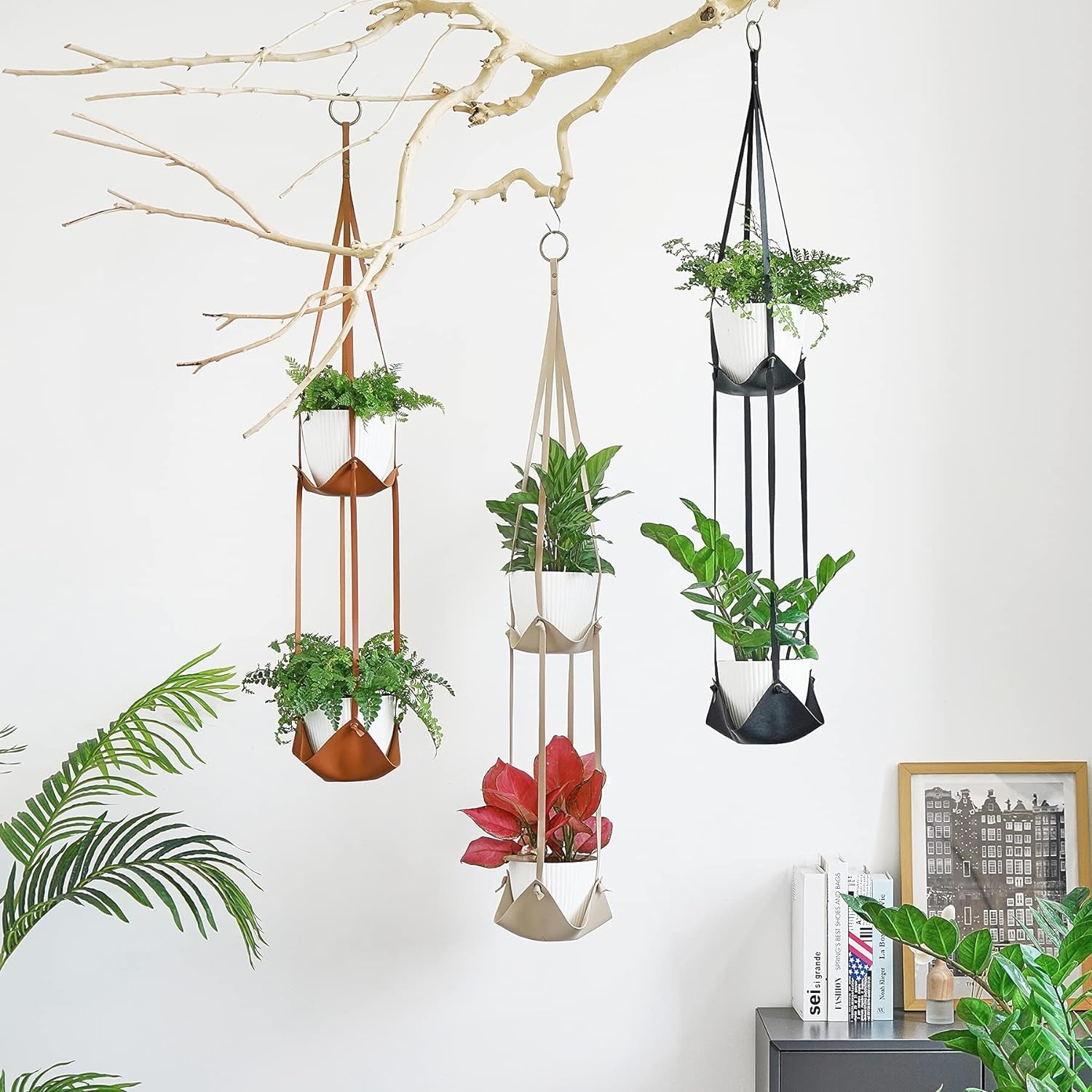 Leather Plant Hanger with Pot Included - Hanging Planters Basket with Plastic Planter 6'' (1 Adjustable Plant Hangers and 2 Pots) Hanging Plant Holder for Home Decor 42'',Black ExactoMag 