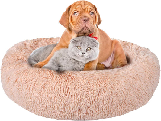 Calming Dog Beds for Large Medium Small Dogs, 24/32Inch Fluffy Cat Bed Donut Cuddler round Dog Beds, Ultra Soft Anti-Anxiety Pet Beds, Safe Faux Fur Material, Machine Washable ExactoMag 