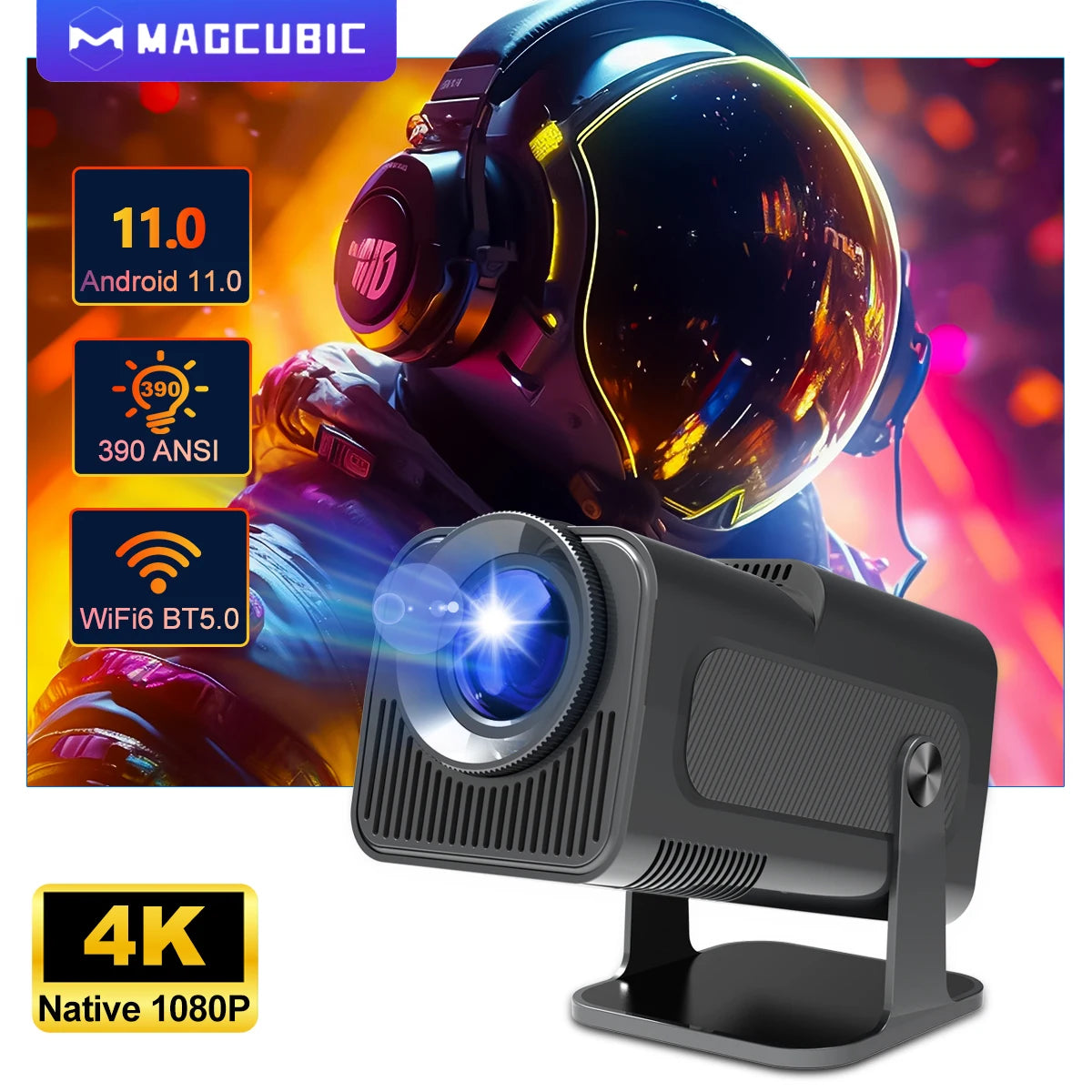 4K Android 11 Projector Native 1080P 390ANSI HY320 Dual Wifi6 BT5.0 1920*1080P Cinema Portable Projetor Upgrated HY300 ExactoMag 