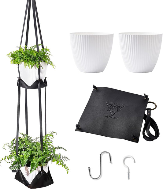 Leather Plant Hanger with Pot Included - Hanging Planters Basket with Plastic Planter 6'' (1 Adjustable Plant Hangers and 2 Pots) Hanging Plant Holder for Home Decor 42'',Black ExactoMag 