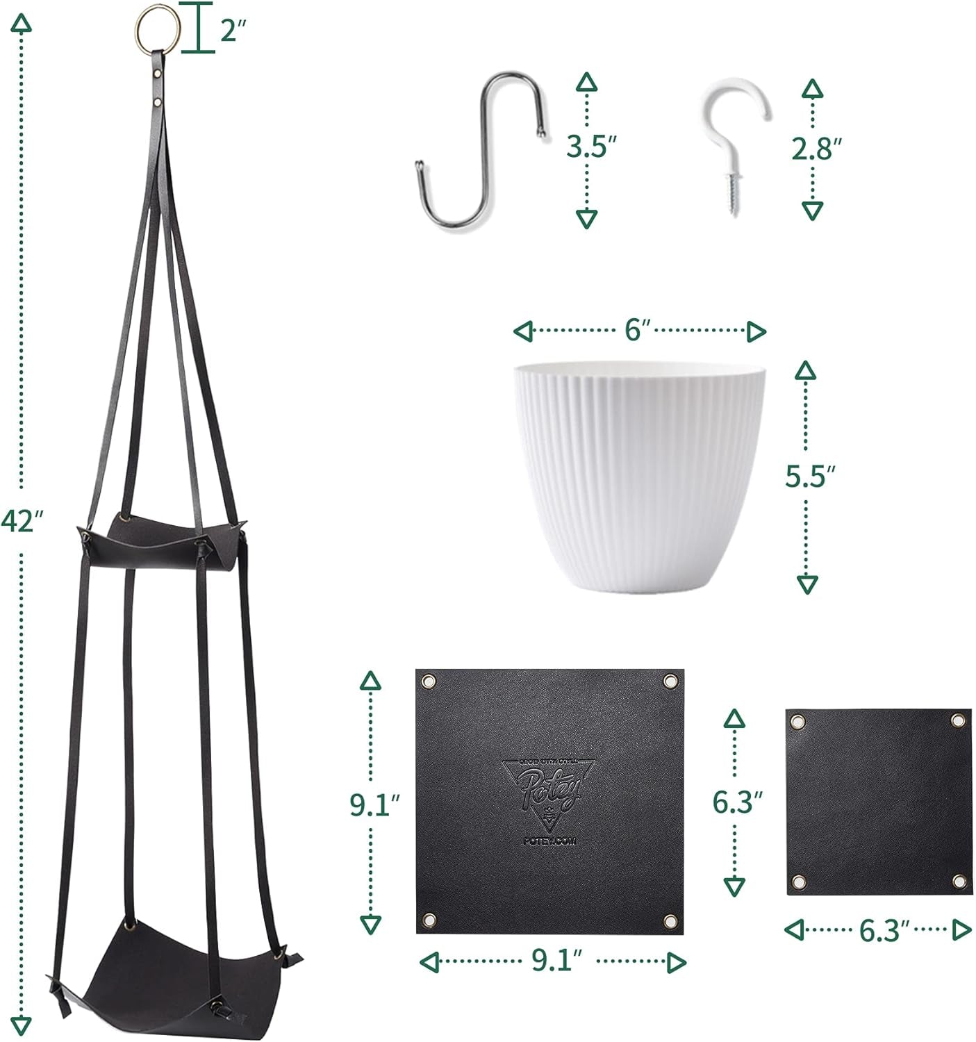 Leather Plant Hanger with Pot Included - Hanging Planters Basket with Plastic Planter 6'' (1 Adjustable Plant Hangers and 2 Pots) Hanging Plant Holder for Home Decor 42'',Black ExactoMag 