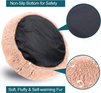 Calming Dog Beds for Large Medium Small Dogs, 24/32Inch Fluffy Cat Bed Donut Cuddler round Dog Beds, Ultra Soft Anti-Anxiety Pet Beds, Safe Faux Fur Material, Machine Washable ExactoMag 