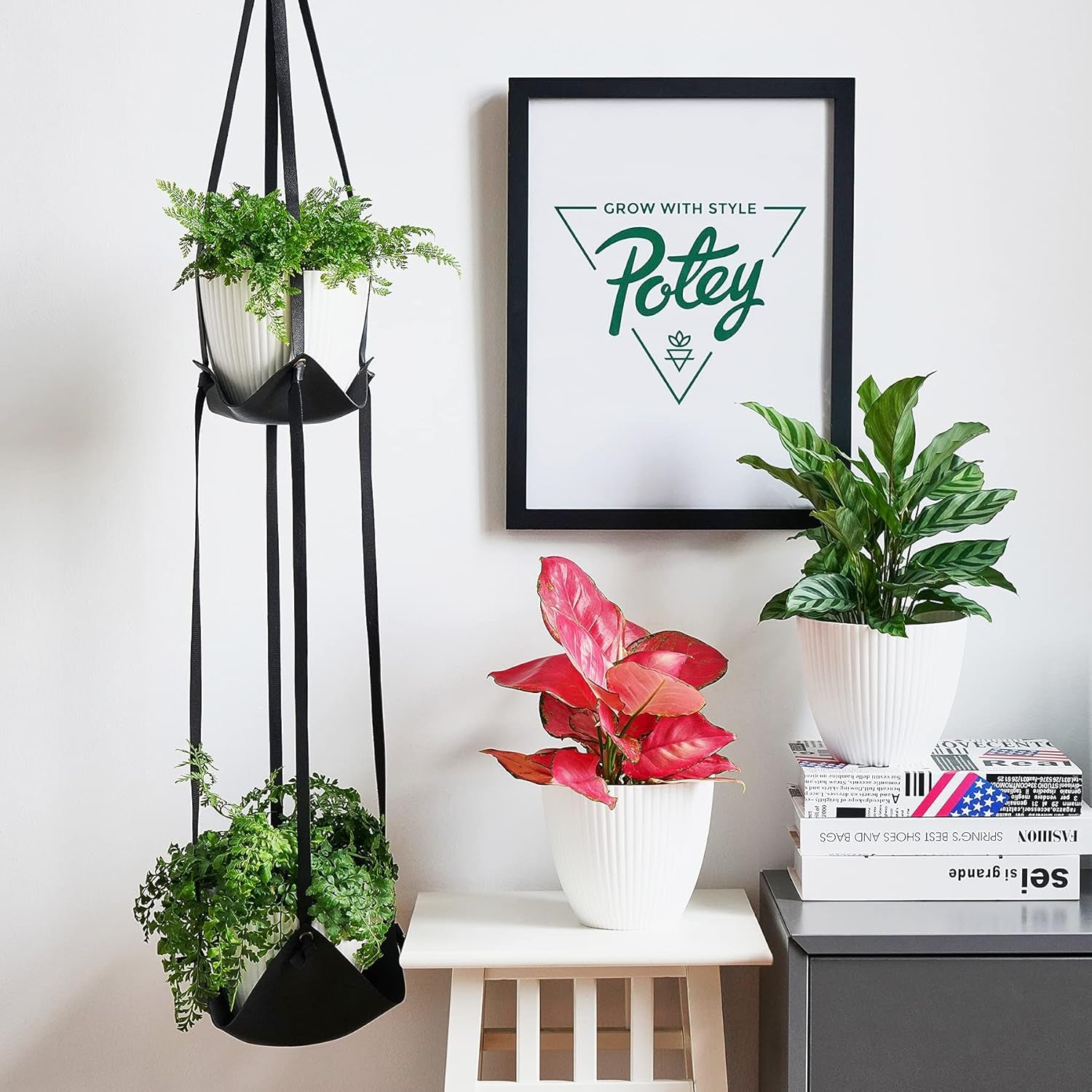Leather Plant Hanger with Pot Included - Hanging Planters Basket with Plastic Planter 6'' (1 Adjustable Plant Hangers and 2 Pots) Hanging Plant Holder for Home Decor 42'',Black ExactoMag 