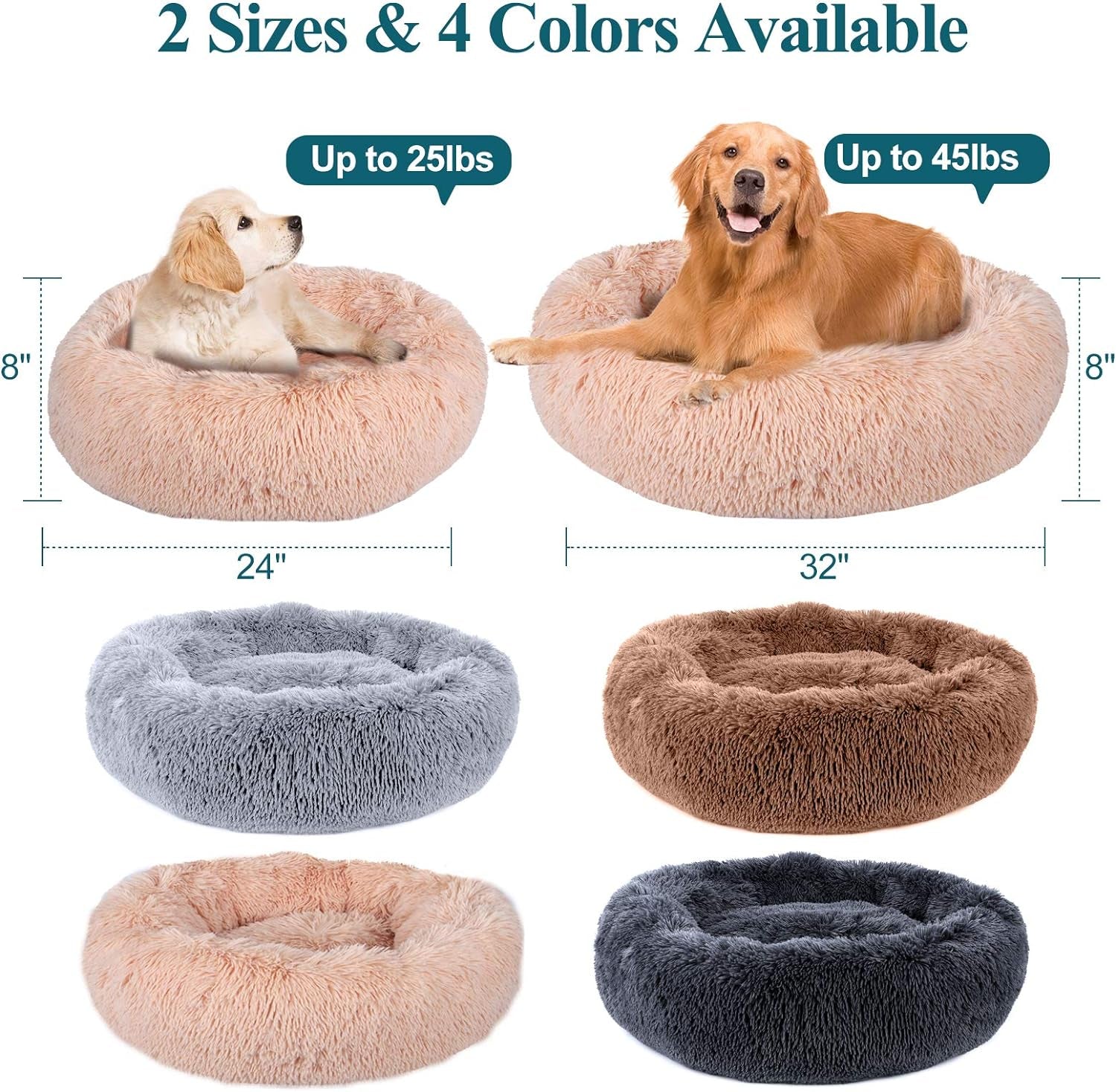 Calming Dog Beds for Large Medium Small Dogs, 24/32Inch Fluffy Cat Bed Donut Cuddler round Dog Beds, Ultra Soft Anti-Anxiety Pet Beds, Safe Faux Fur Material, Machine Washable ExactoMag 