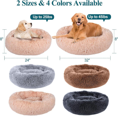 Calming Dog Beds for Large Medium Small Dogs, 24/32Inch Fluffy Cat Bed Donut Cuddler round Dog Beds, Ultra Soft Anti-Anxiety Pet Beds, Safe Faux Fur Material, Machine Washable ExactoMag 