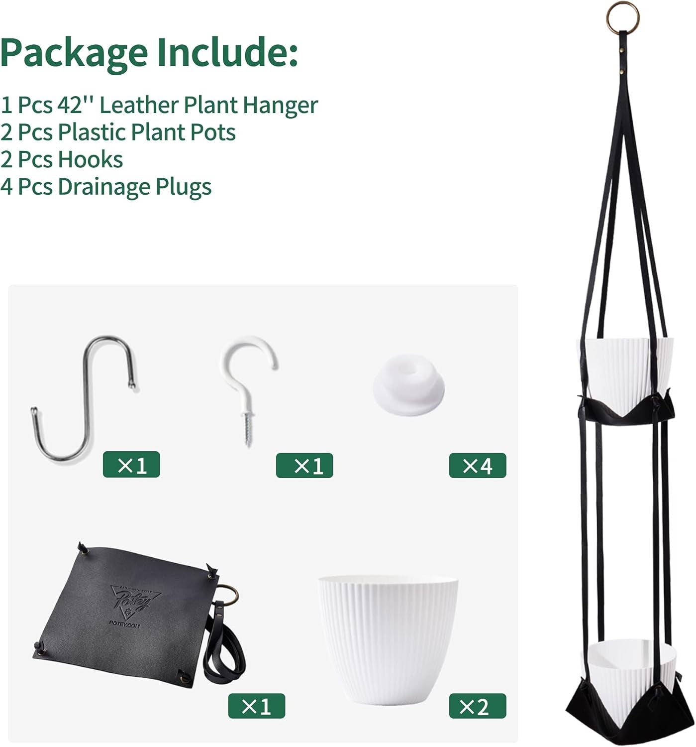 Leather Plant Hanger with Pot Included - Hanging Planters Basket with Plastic Planter 6'' (1 Adjustable Plant Hangers and 2 Pots) Hanging Plant Holder for Home Decor 42'',Black ExactoMag 