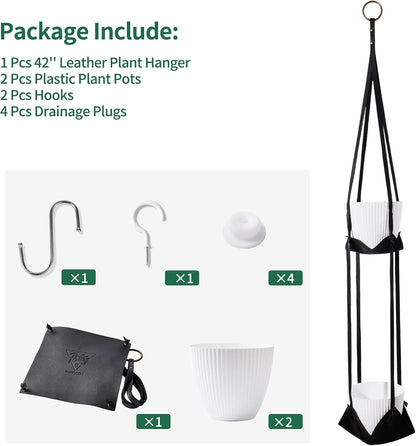 Leather Plant Hanger with Pot Included - Hanging Planters Basket with Plastic Planter 6'' (1 Adjustable Plant Hangers and 2 Pots) Hanging Plant Holder for Home Decor 42'',Black ExactoMag 