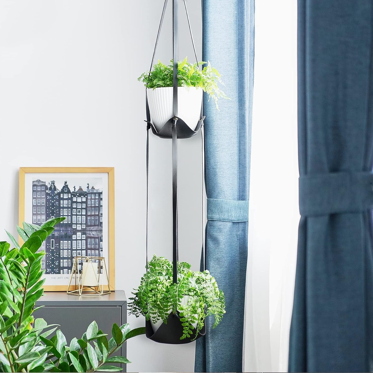 Leather Plant Hanger with Pot Included - Hanging Planters Basket with Plastic Planter 6'' (1 Adjustable Plant Hangers and 2 Pots) Hanging Plant Holder for Home Decor 42'',Black ExactoMag 