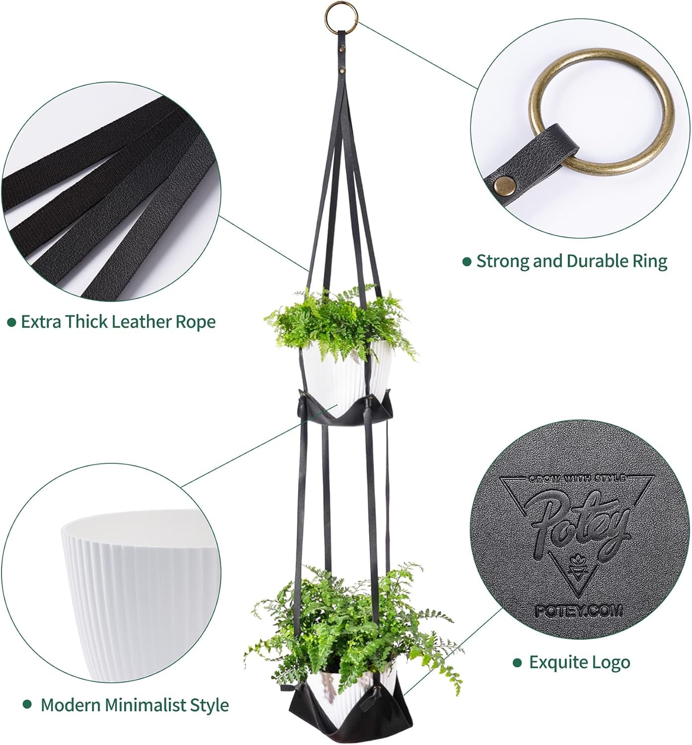 Leather Plant Hanger with Pot Included - Hanging Planters Basket with Plastic Planter 6'' (1 Adjustable Plant Hangers and 2 Pots) Hanging Plant Holder for Home Decor 42'',Black ExactoMag 