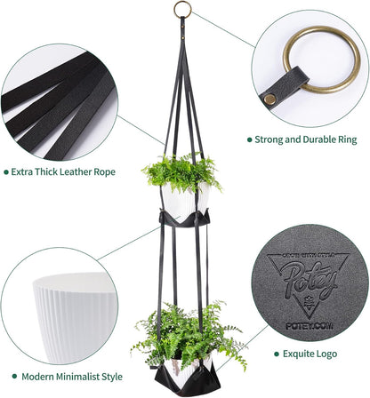 Leather Plant Hanger with Pot Included - Hanging Planters Basket with Plastic Planter 6'' (1 Adjustable Plant Hangers and 2 Pots) Hanging Plant Holder for Home Decor 42'',Black ExactoMag 