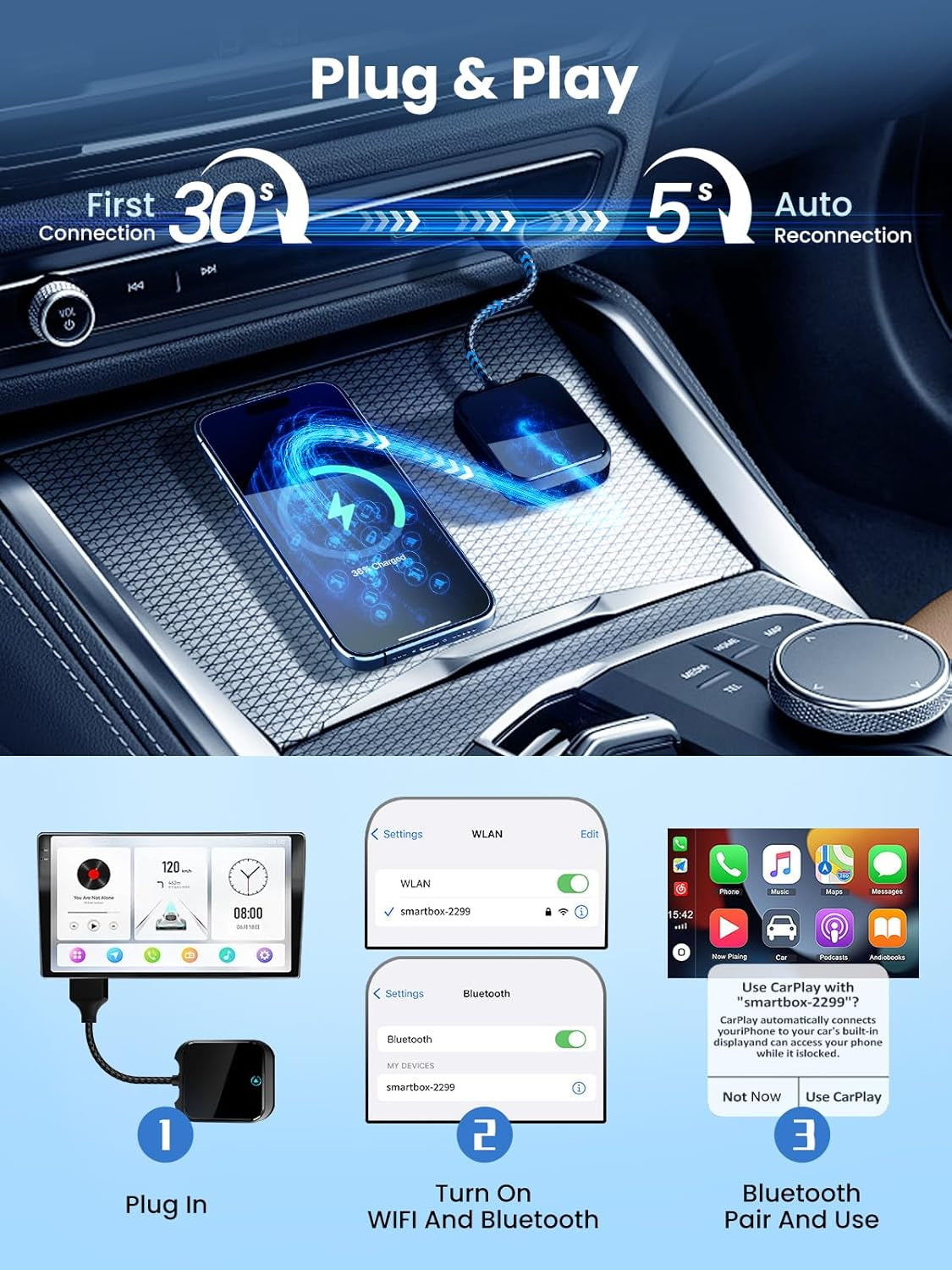 Wireless Carplay and Android Auto Adapter with Fast Stable 5Ghz Wifi Bluetooth, Wireless Carplay Adapter for Apple Applies to Cars after 2016 & Phone with Android11+/ Ios10+ & Usb-A/Type-C (Black) ExactoMag 
